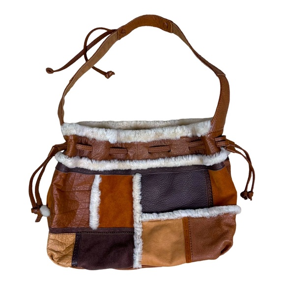 Lucky Brand gorgeous Leather Wool Fleece Patchwork Hobo Handbag Boho Retro 70’s - Picture 1 of 13